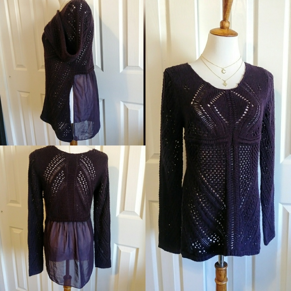 Anthropologie boho purple knit sheer back sweater